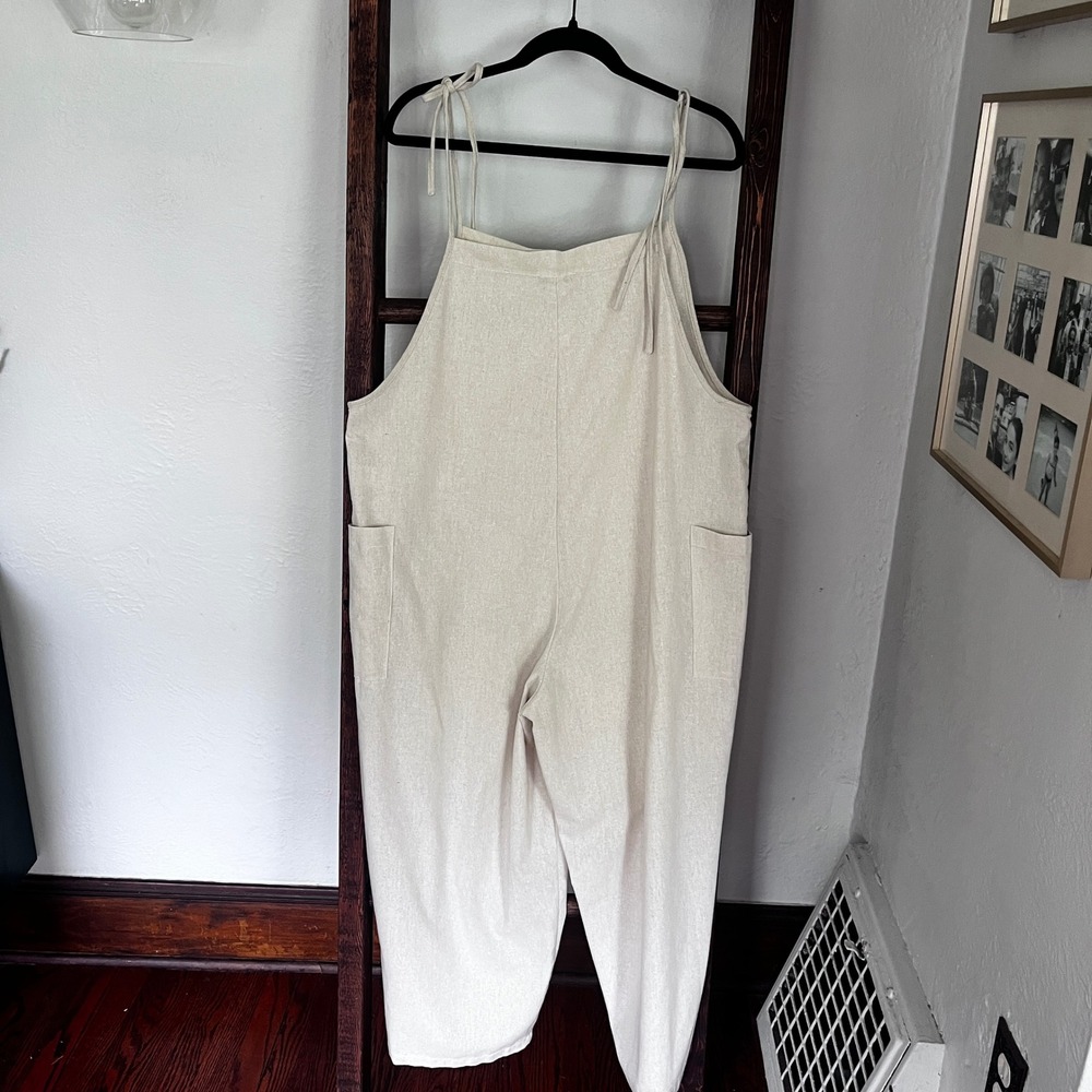 Favlux Womens Beige Cotton Blend Wide Leg Drop Crotch Jumpsuit Overalls Medium - Picture 4 of 12